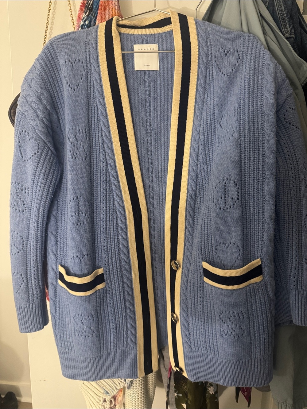 Sandro Light Blue Knit Cardigan with Navy and Cream Trim